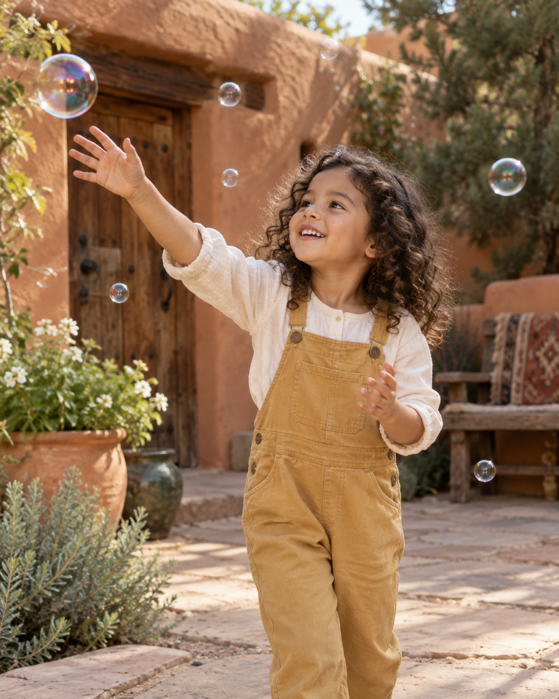 child discovering soap bubbles in a sunny New Mexico courtyard