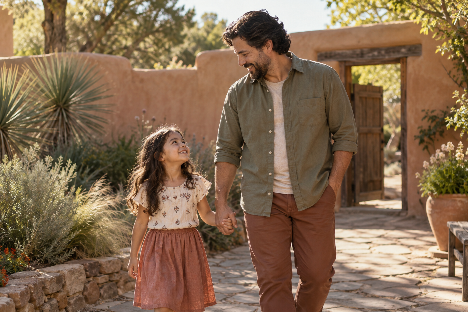 father and daughter walking through a New Mexico courtyard