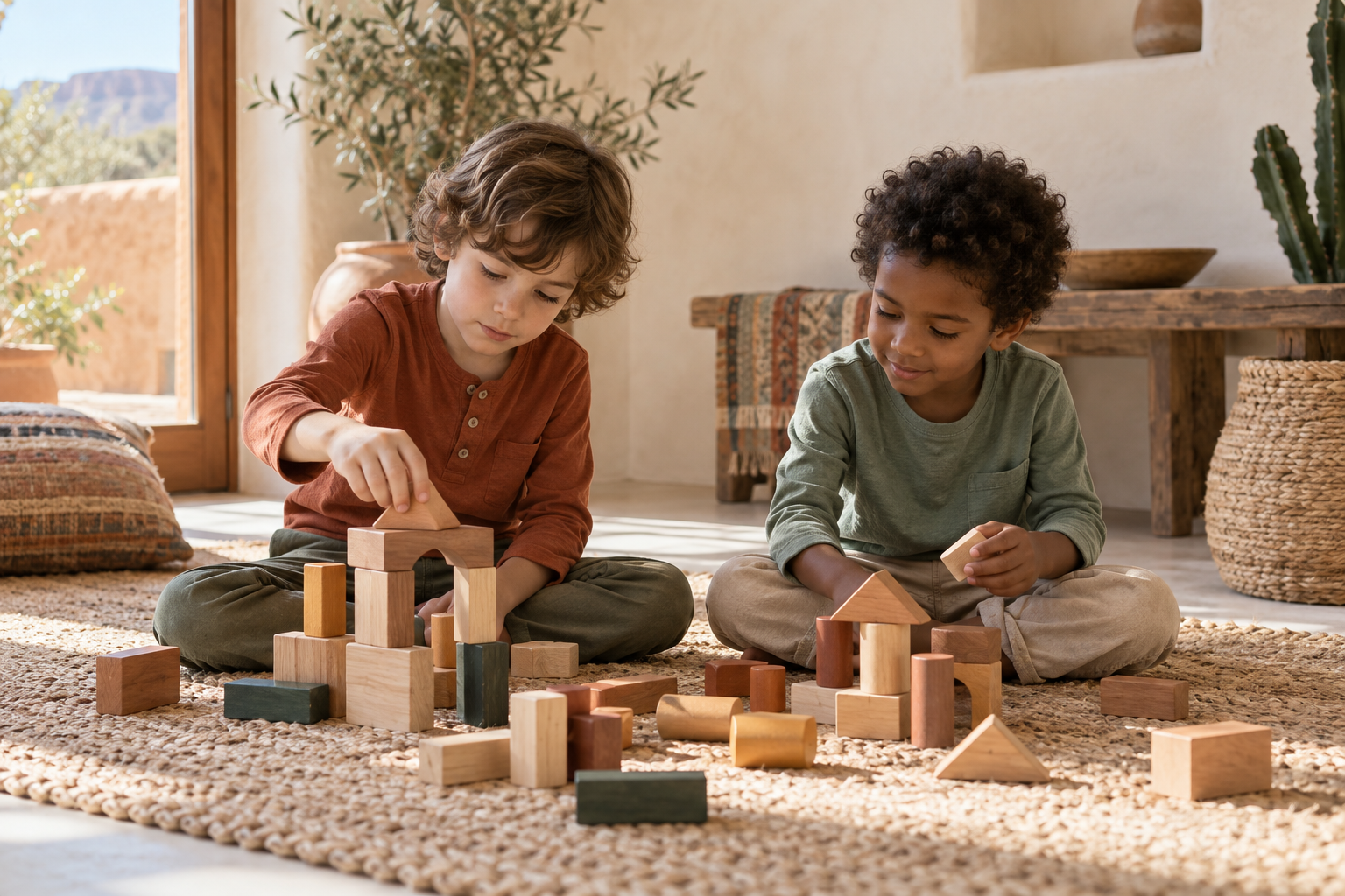 children absorbed in building with wooden blocks together