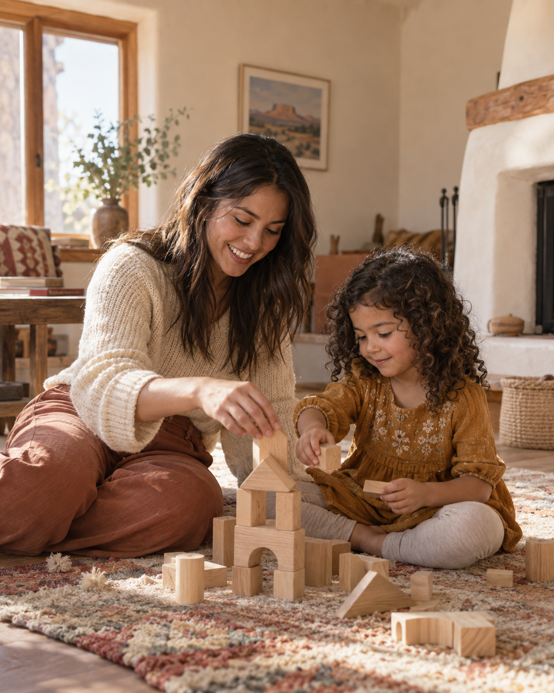 caregiver and child building with blocks